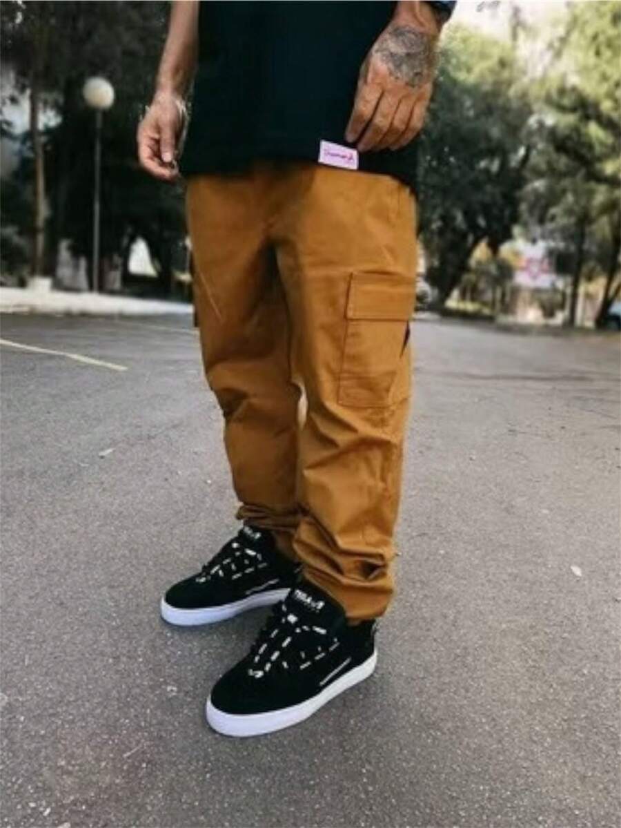 CALÇA CARGO JOGGER SARJA LARGA MASCULINA SKATE, CASUAL, 5 BOLSOS FECHAMENTO CORDÃO MODA UNISSEX