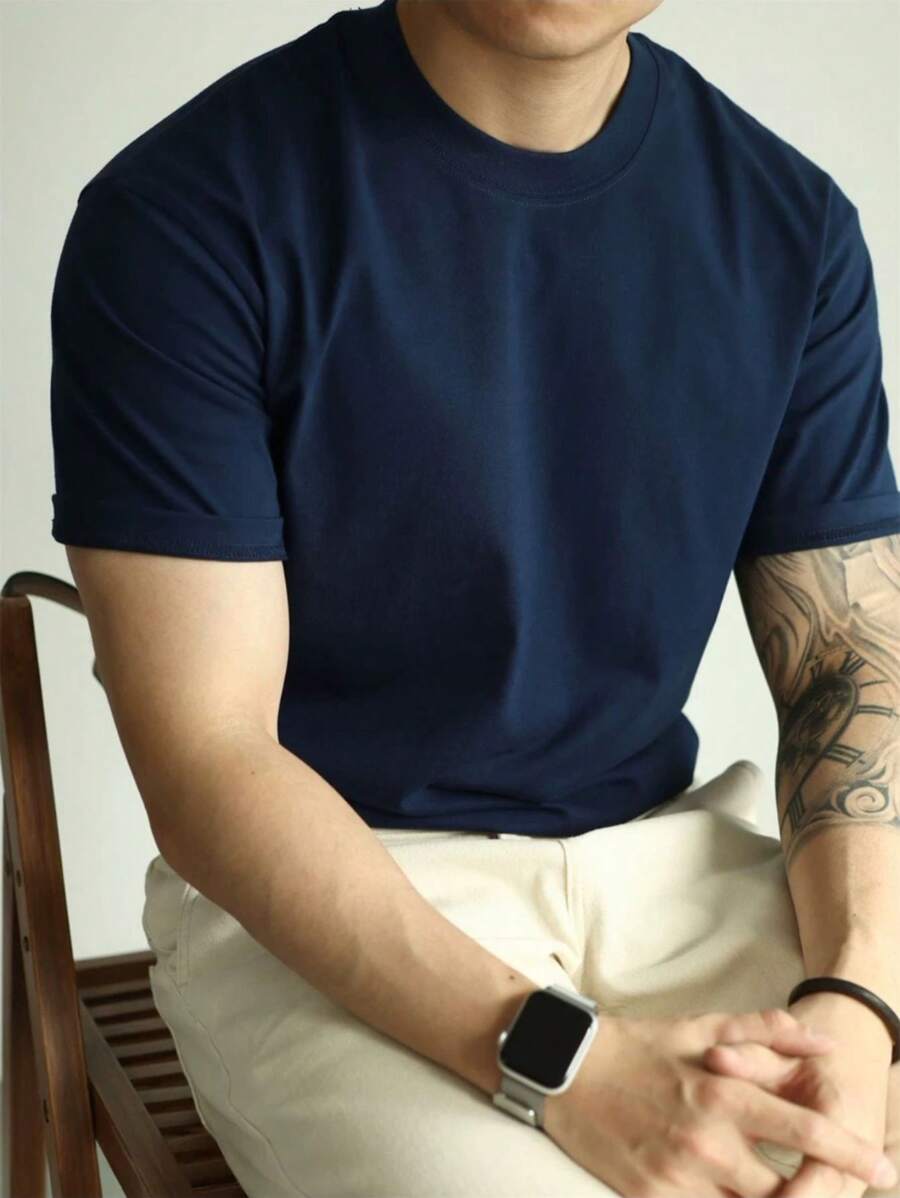 Camiseta de verão Masculina Básica de Algodão com Gola Redonda – Cores Sólidas Confortável e Respirável