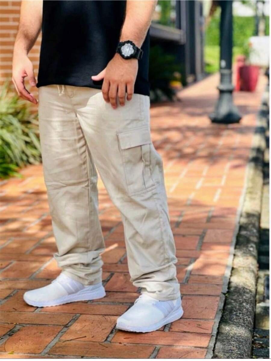 CALÇA CARGO JOGGER SARJA LARGA MASCULINA SKATE, CASUAL, 5 BOLSOS FECHAMENTO CORDÃO MODA UNISSEX