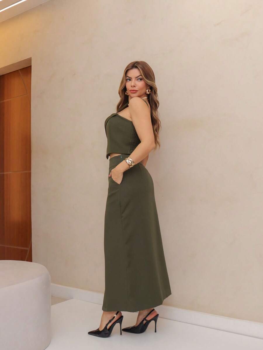 Conjunto Social Alfaiataria Cropped Alça E Saia Midi Reta Fenda Na Barra