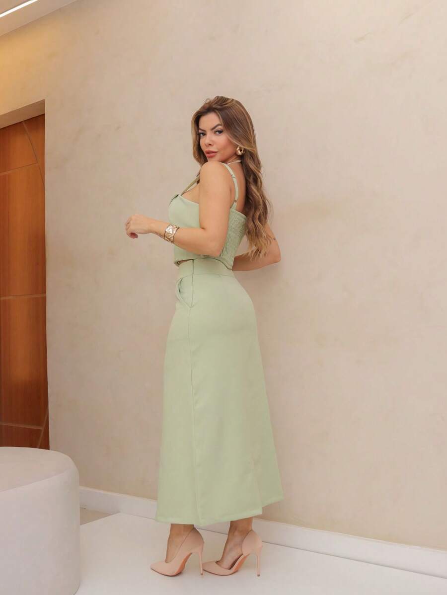 Conjunto Social Alfaiataria Cropped Alça E Saia Midi Reta Fenda Na Barra