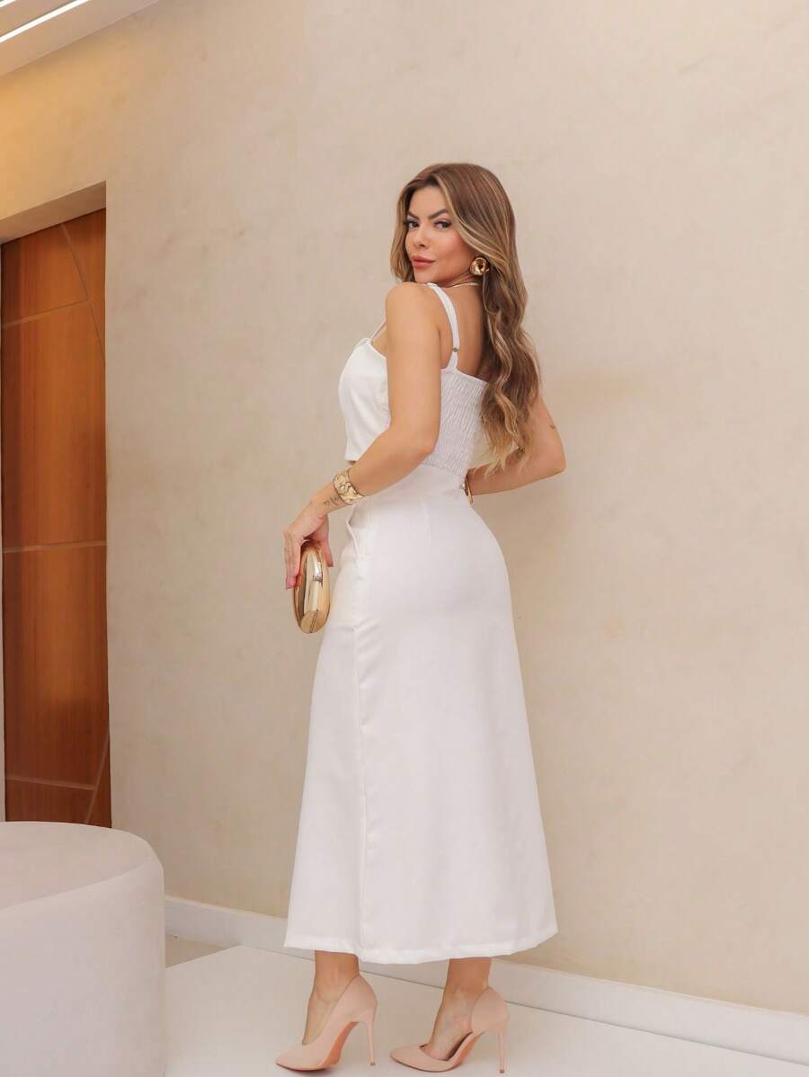 Conjunto Social Alfaiataria Cropped Alça E Saia Midi Reta Fenda Na Barra