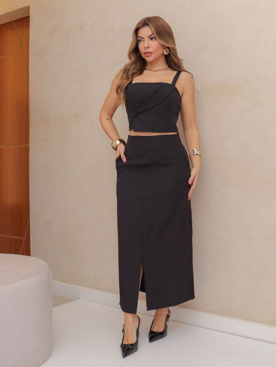 Conjunto Social Alfaiataria Cropped Alça E Saia Midi Reta Fenda Na Barra
