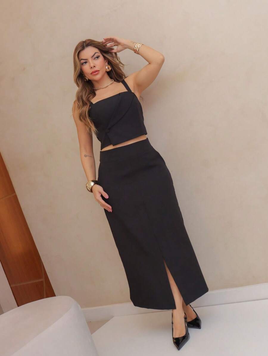 Conjunto Social Alfaiataria Cropped Alça E Saia Midi Reta Fenda Na Barra