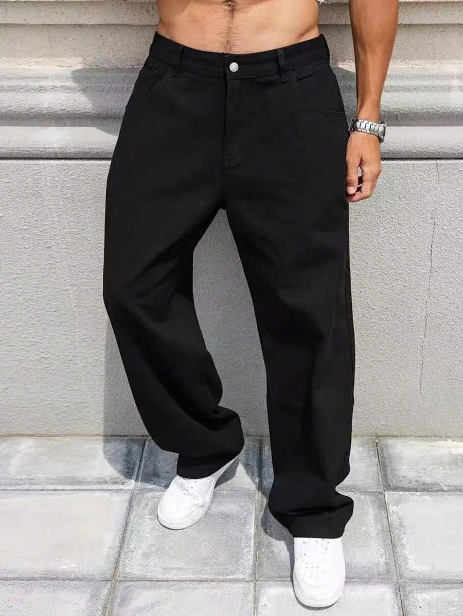 29 Calça Denim Preta Casual de Perna Larga e Solta com Bolsos Estilo Urbano para Homens, Adequada como Presente para Marido, Namorado