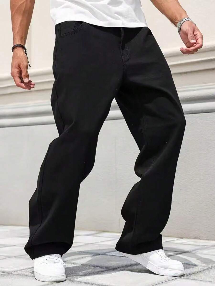 29 Calça Denim Preta Casual de Perna Larga e Solta com Bolsos Estilo Urbano para Homens, Adequada como Presente para Marido, Namorado