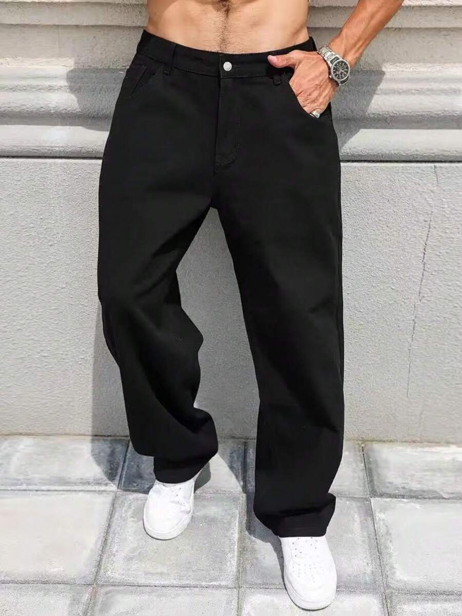 29 Calça Denim Preta Casual de Perna Larga e Solta com Bolsos Estilo Urbano para Homens, Adequada como Presente para Marido, Namorado