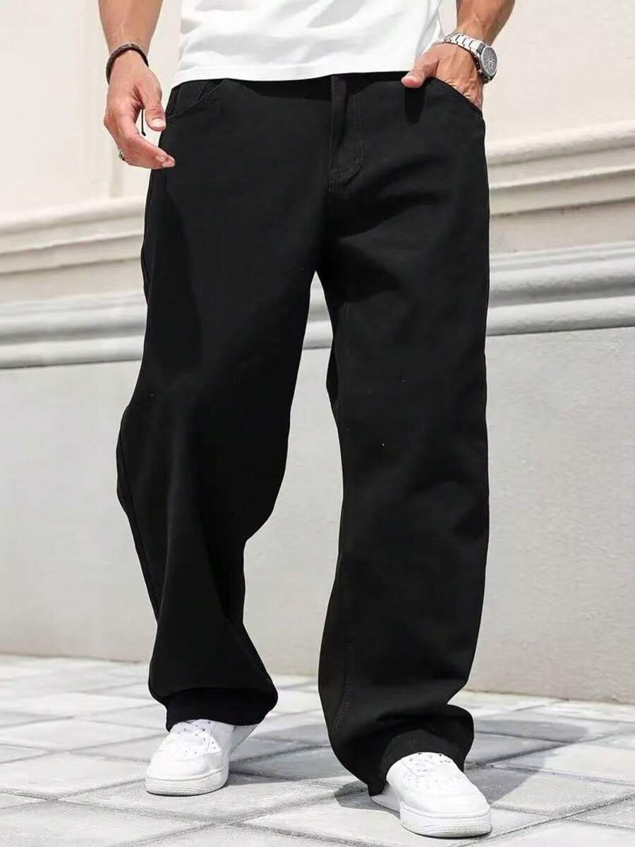 29 Calça Denim Preta Casual de Perna Larga e Solta com Bolsos Estilo Urbano para Homens, Adequada como Presente para Marido, Namorado