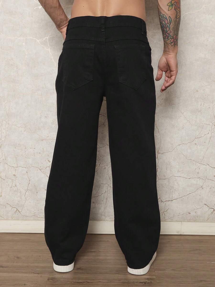 29 Calça Denim Preta Casual de Perna Larga e Solta com Bolsos Estilo Urbano para Homens, Adequada como Presente para Marido, Namorado