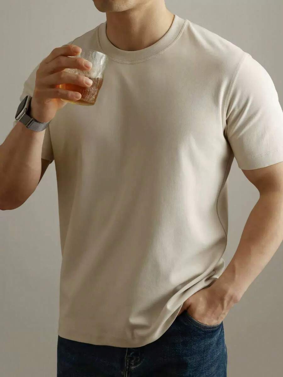 Camiseta de verão Masculina Básica de Algodão com Gola Redonda – Cores Sólidas Confortável e Respirável