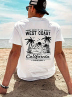 Camiseta Masculina Tropical Floral Vintage 100% Algodão California Beach Surf Manga Curta Casual com Gola Careca Prai Verão Final de Ano