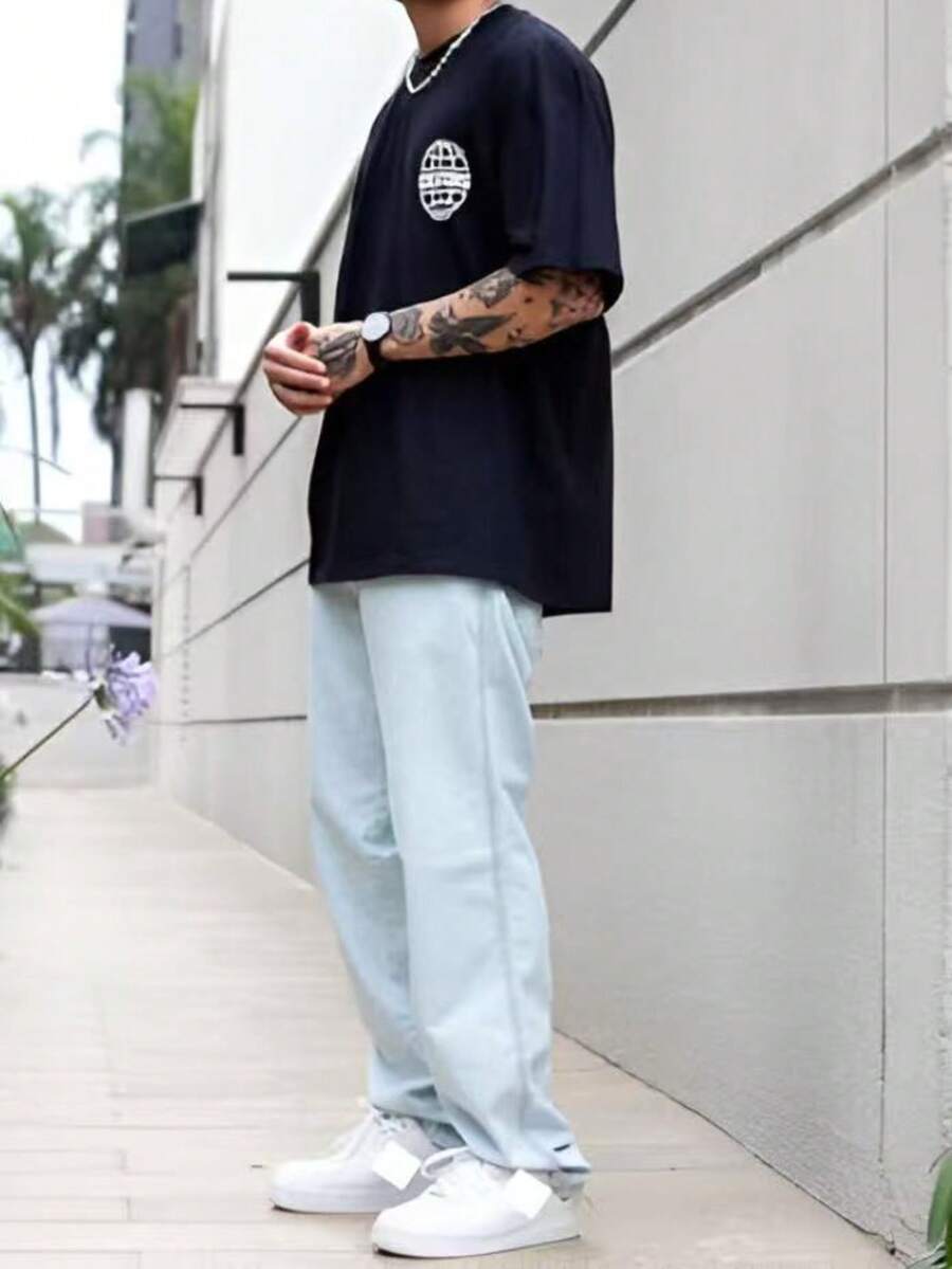 29 Calça Denim Preta Casual de Perna Larga e Solta com Bolsos Estilo Urbano para Homens, Adequada como Presente para Marido, Namorado