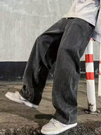 29 Calça Denim Preta Casual de Perna Larga e Solta com Bolsos Estilo Urbano para Homens, Adequada como Presente para Marido, Namorado