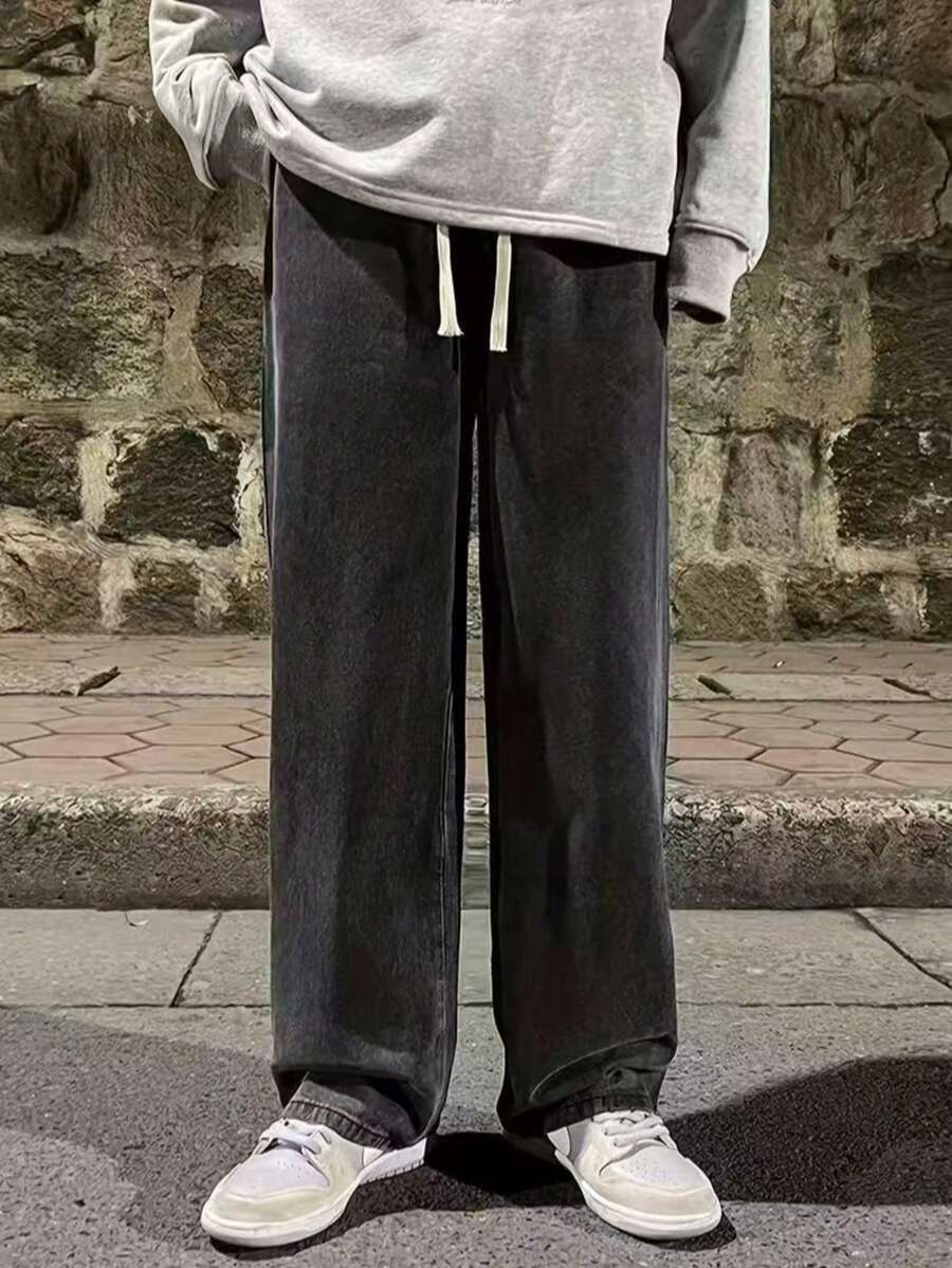 29 Calça Denim Preta Casual de Perna Larga e Solta com Bolsos Estilo Urbano para Homens, Adequada como Presente para Marido, Namorado