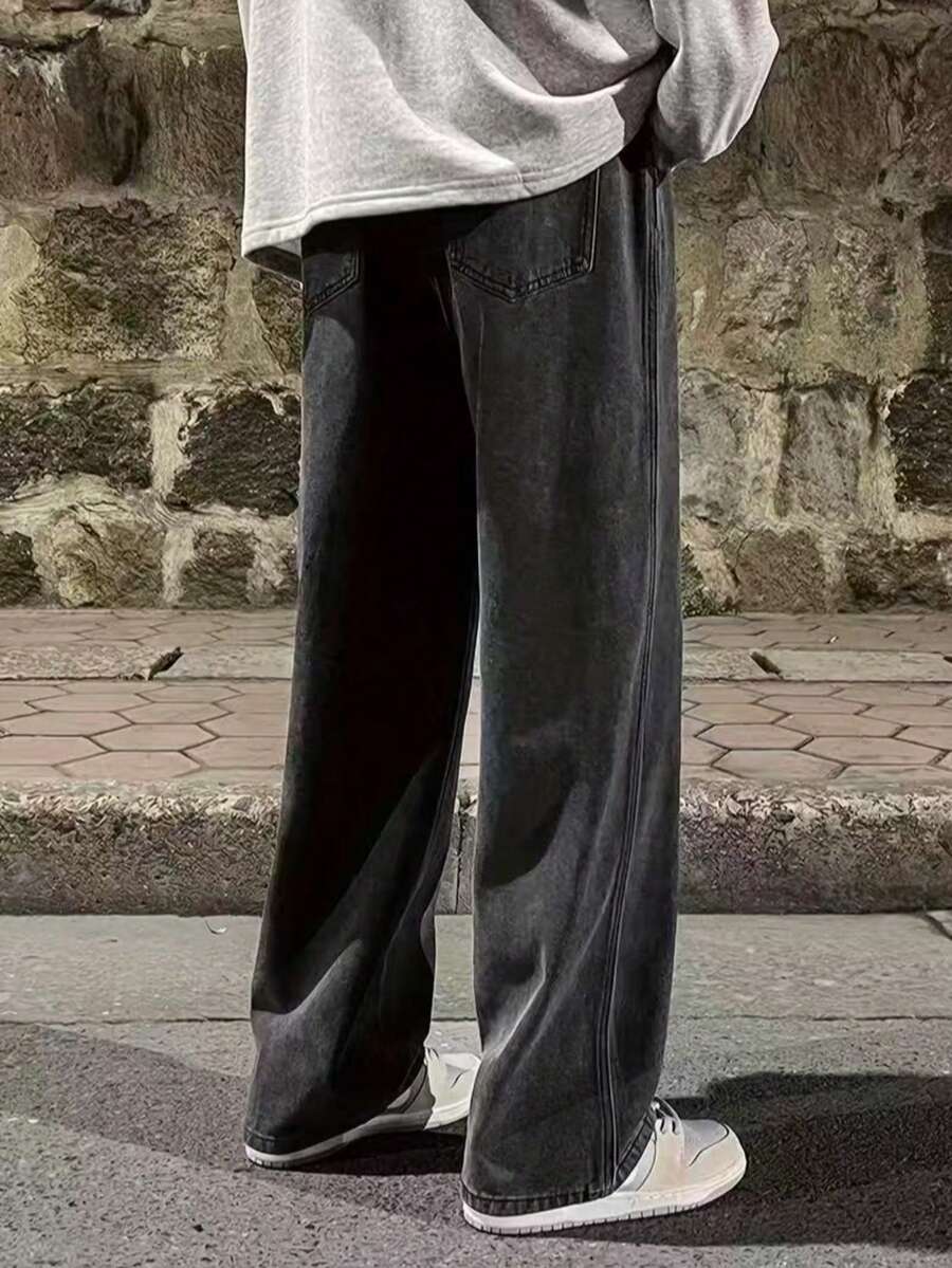 29 Calça Denim Preta Casual de Perna Larga e Solta com Bolsos Estilo Urbano para Homens, Adequada como Presente para Marido, Namorado