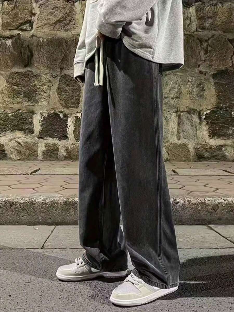 29 Calça Denim Preta Casual de Perna Larga e Solta com Bolsos Estilo Urbano para Homens, Adequada como Presente para Marido, Namorado