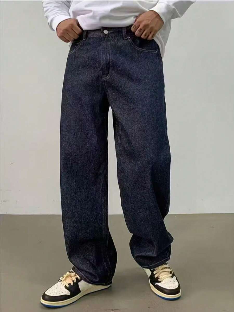 29 Calça Denim Preta Casual de Perna Larga e Solta com Bolsos Estilo Urbano para Homens, Adequada como Presente para Marido, Namorado
