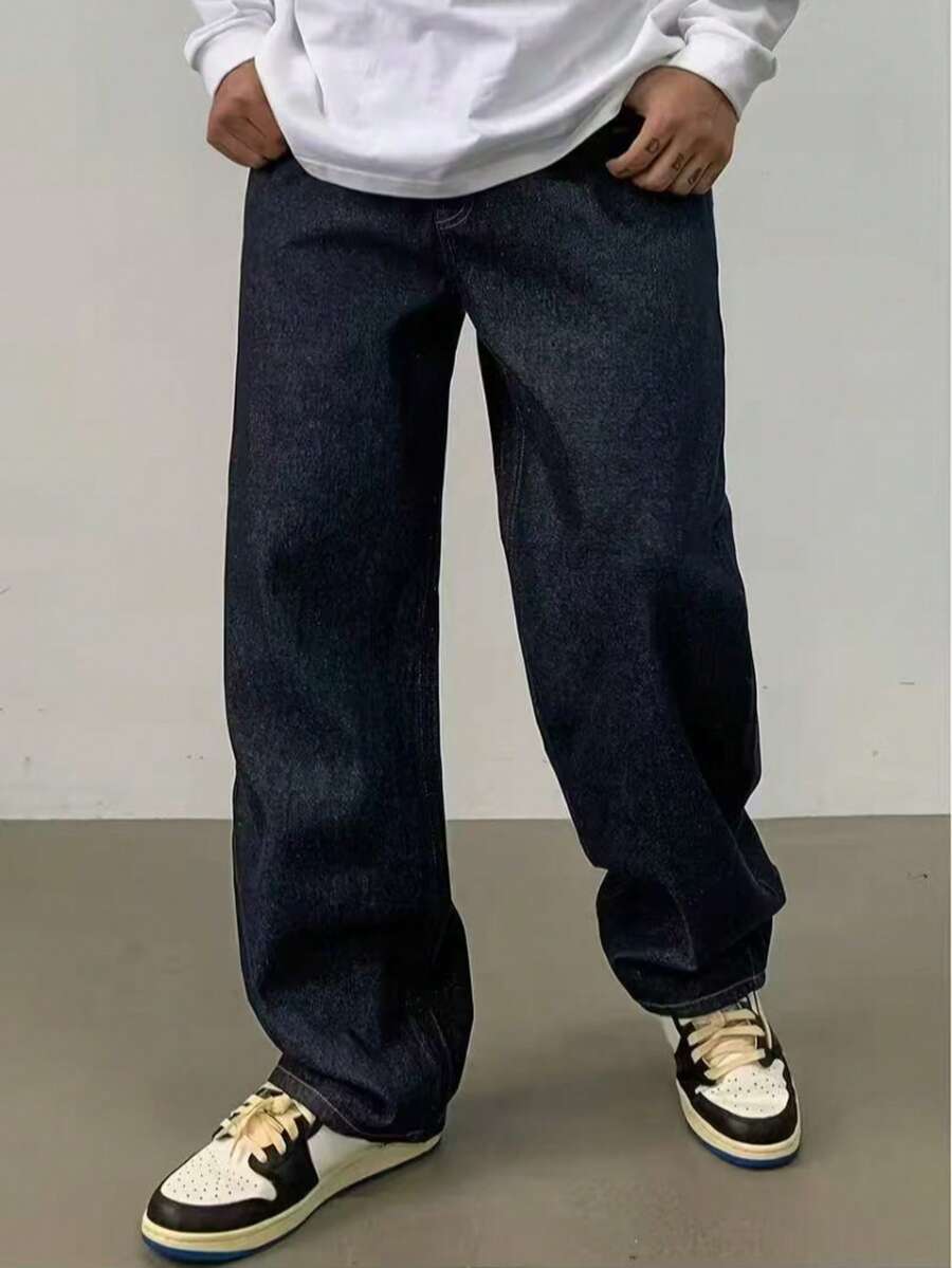 29 Calça Denim Preta Casual de Perna Larga e Solta com Bolsos Estilo Urbano para Homens, Adequada como Presente para Marido, Namorado