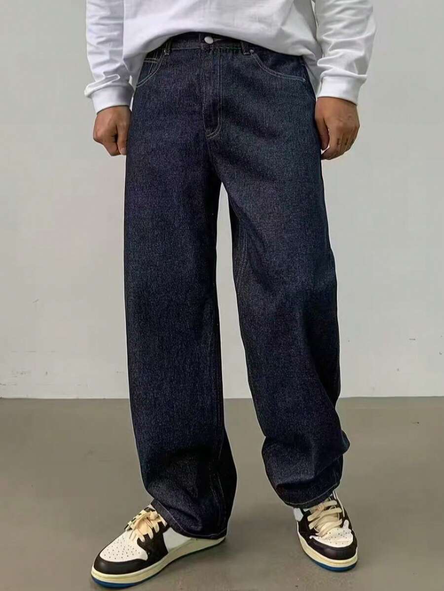 29 Calça Denim Preta Casual de Perna Larga e Solta com Bolsos Estilo Urbano para Homens, Adequada como Presente para Marido, Namorado