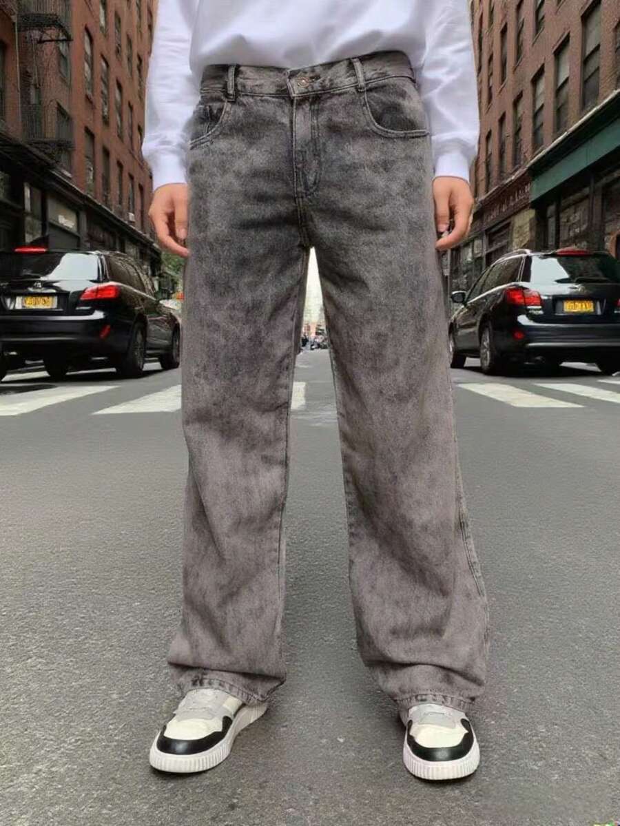 29 Calça Denim Preta Casual de Perna Larga e Solta com Bolsos Estilo Urbano para Homens, Adequada como Presente para Marido, Namorado