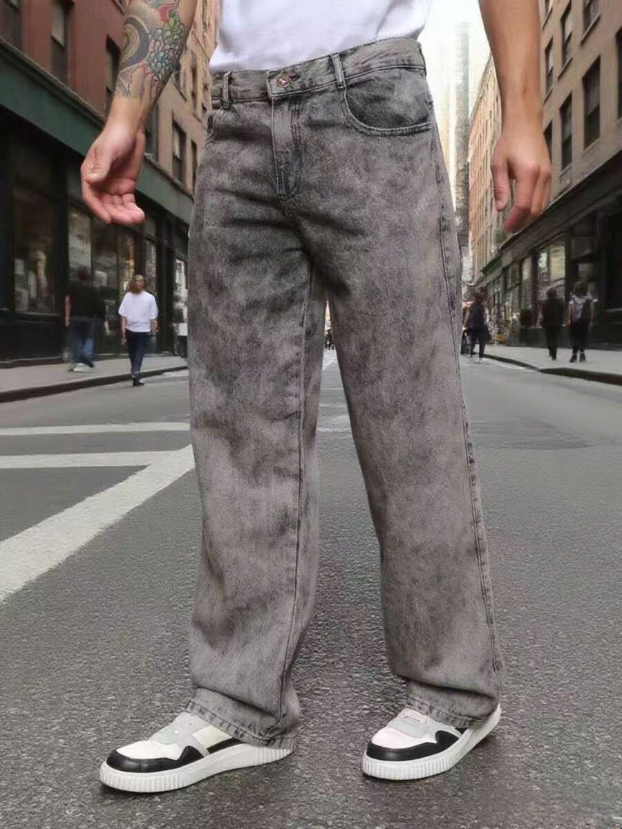 29 Calça Denim Preta Casual de Perna Larga e Solta com Bolsos Estilo Urbano para Homens, Adequada como Presente para Marido, Namorado