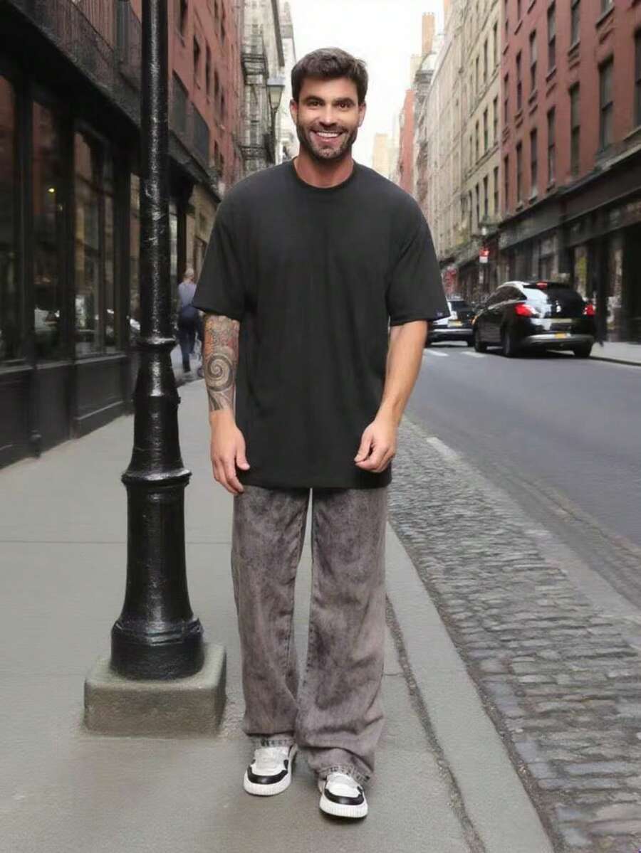 29 Calça Denim Preta Casual de Perna Larga e Solta com Bolsos Estilo Urbano para Homens, Adequada como Presente para Marido, Namorado