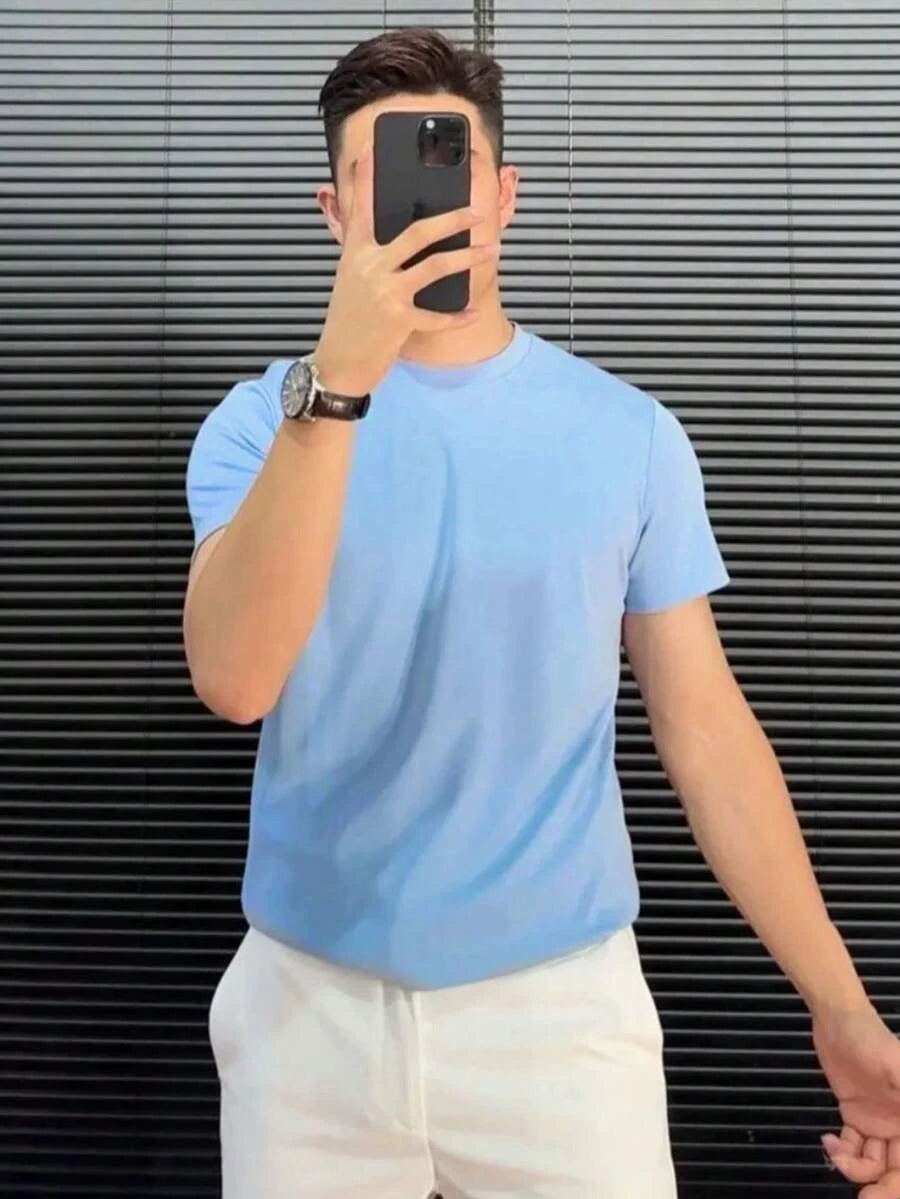 Camiseta de verão Masculina Básica de Algodão com Gola Redonda – Cores Sólidas Confortável e Respirável