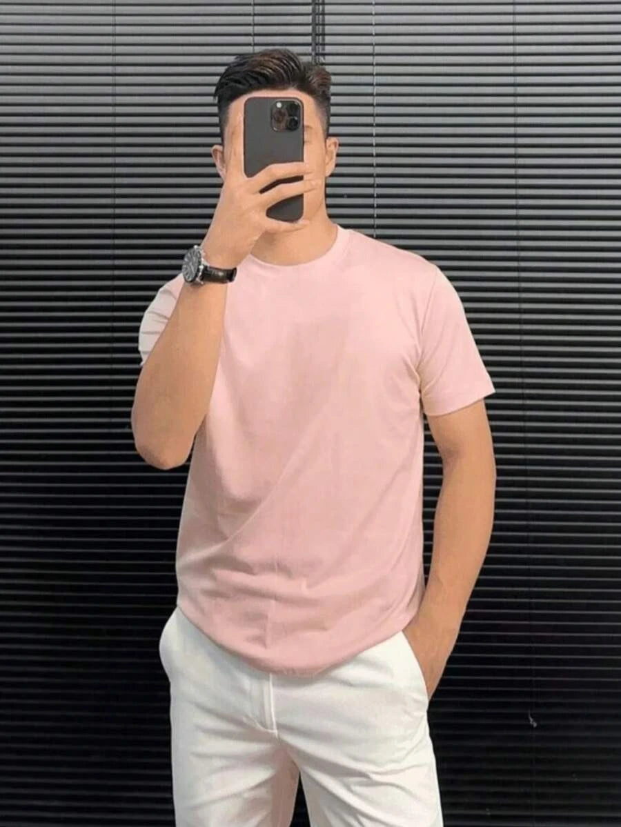 Camiseta de verão Masculina Básica de Algodão com Gola Redonda – Cores Sólidas Confortável e Respirável