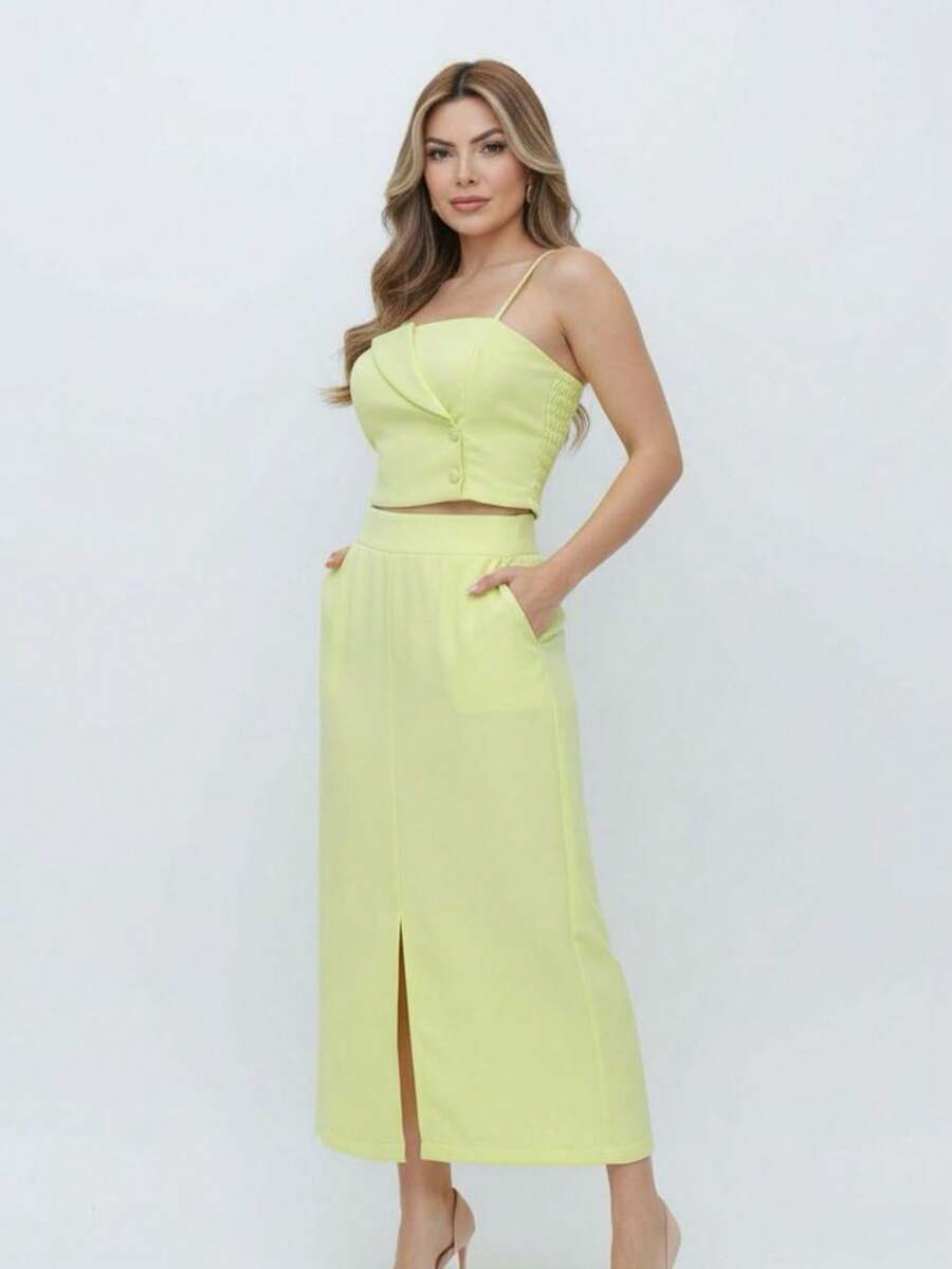 Conjunto Social Alfaiataria Cropped Alça E Saia Midi Reta Fenda Na Barra