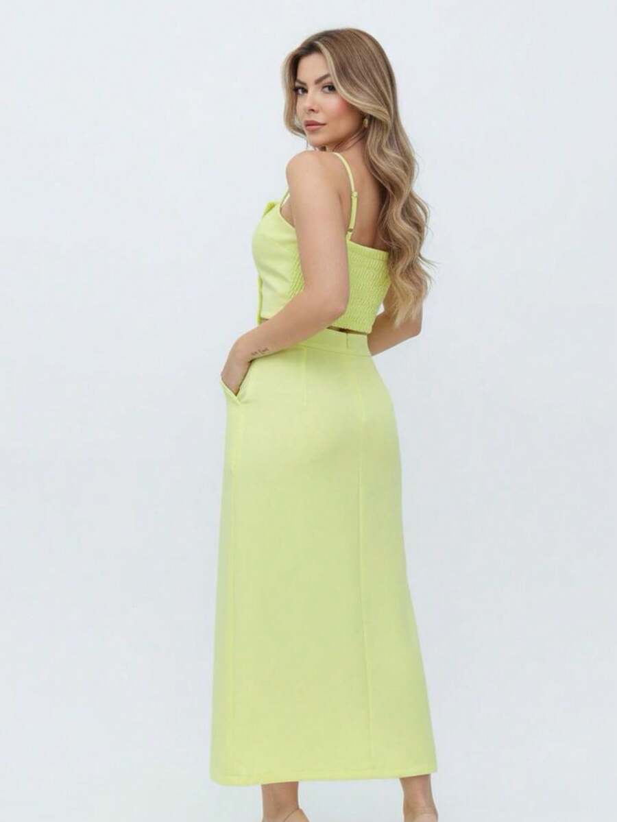 Conjunto Social Alfaiataria Cropped Alça E Saia Midi Reta Fenda Na Barra