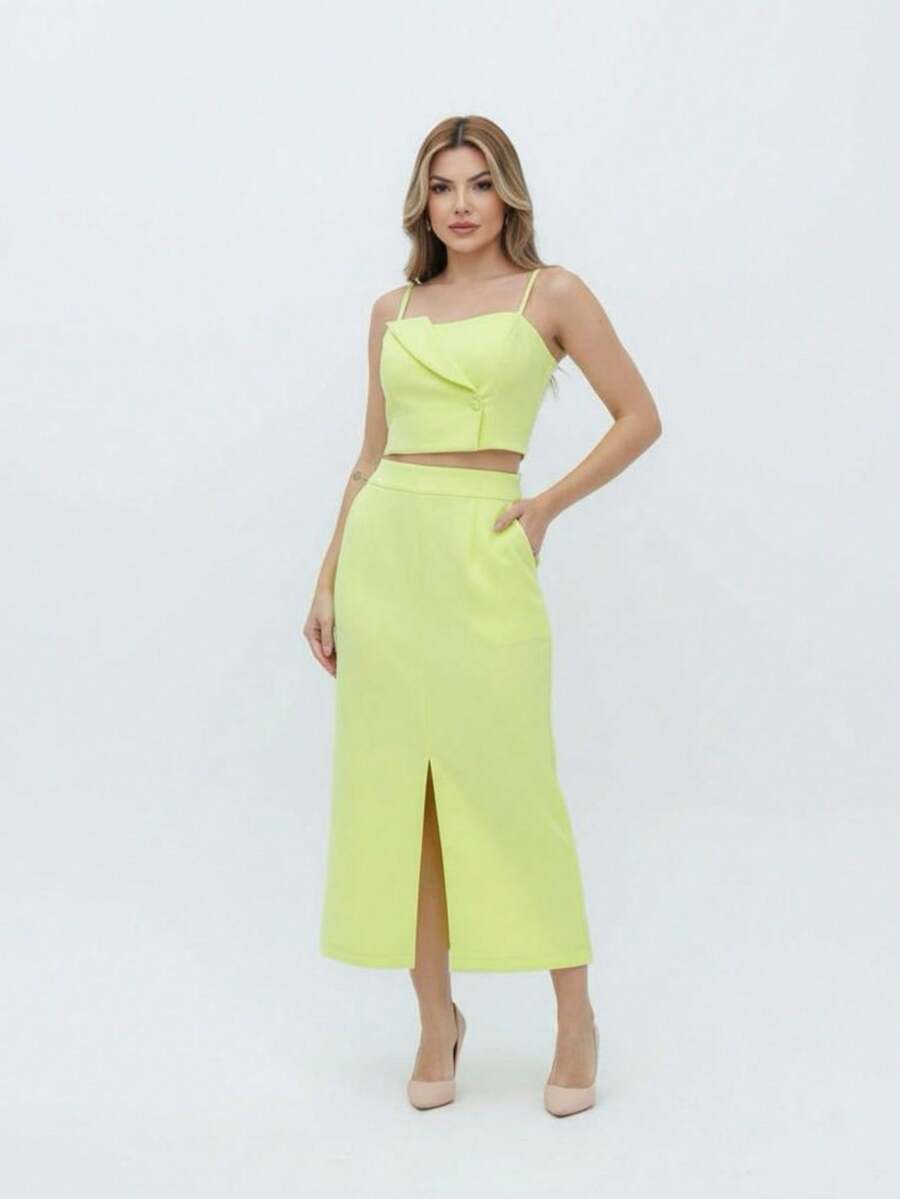 Conjunto Social Alfaiataria Cropped Alça E Saia Midi Reta Fenda Na Barra