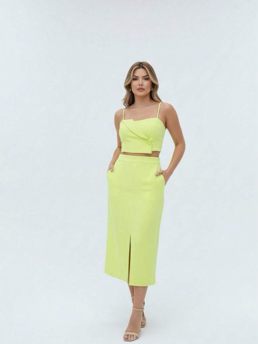 Conjunto Social Alfaiataria Cropped Alça E Saia Midi Reta Fenda Na Barra