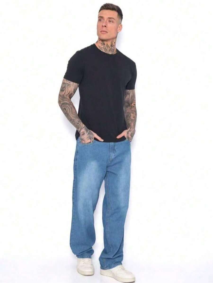 29 Calça Denim Preta Casual de Perna Larga e Solta com Bolsos Estilo Urbano para Homens, Adequada como Presente para Marido, Namorado