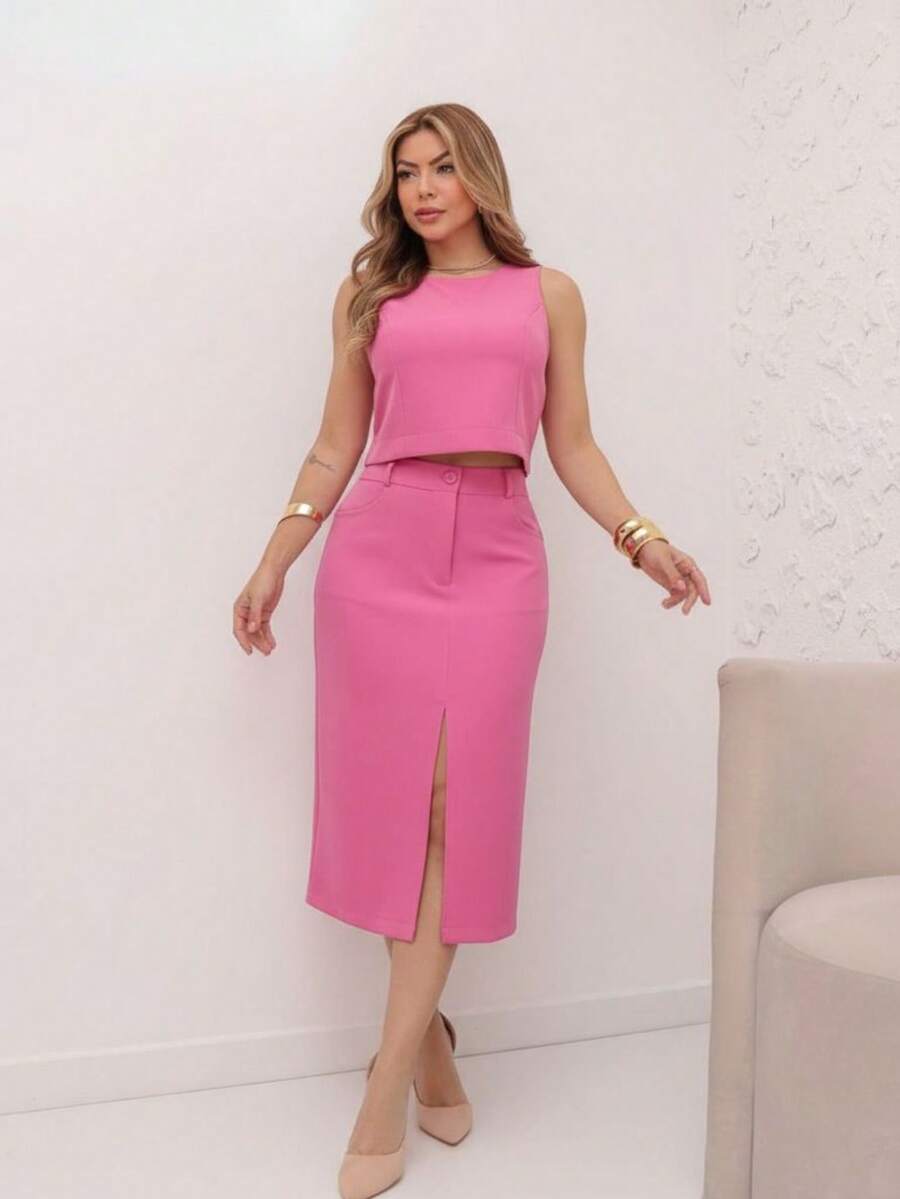 Conjunto Feminino Cropped e Saia Alfaiataria