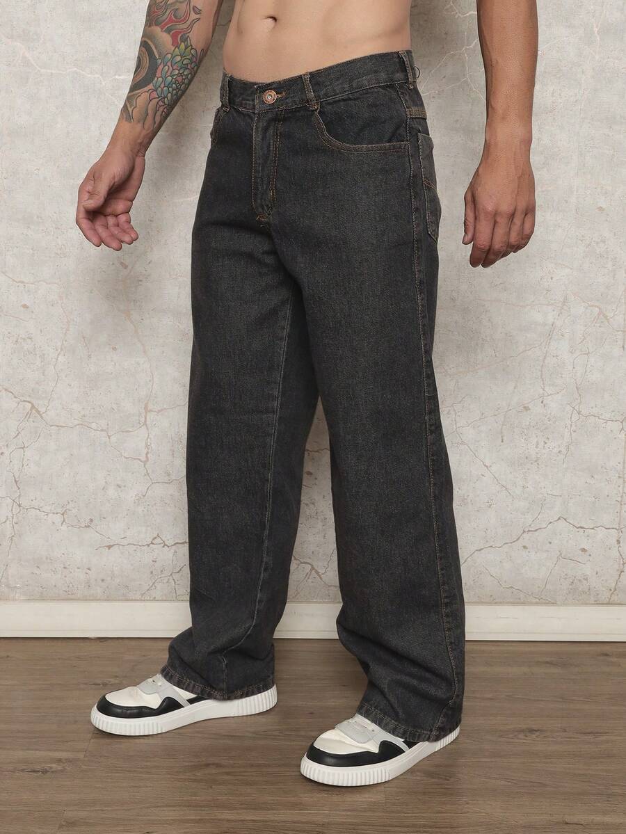 29 Calça Denim Preta Casual de Perna Larga e Solta com Bolsos Estilo Urbano para Homens, Adequada como Presente para Marido, Namorado
