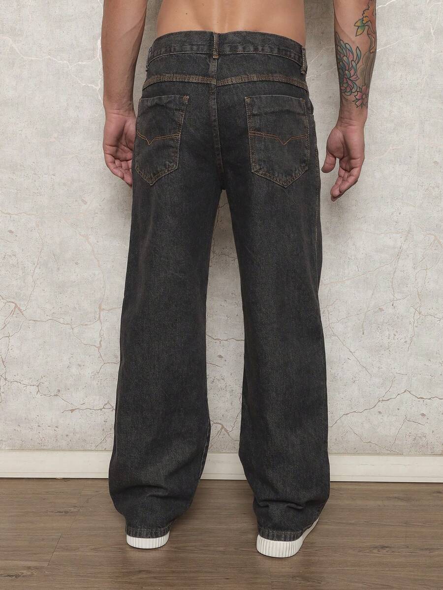 29 Calça Denim Preta Casual de Perna Larga e Solta com Bolsos Estilo Urbano para Homens, Adequada como Presente para Marido, Namorado