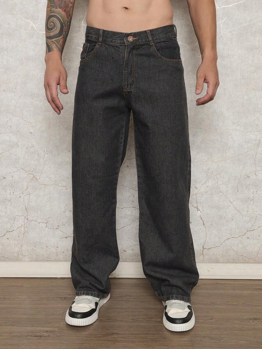 29 Calça Denim Preta Casual de Perna Larga e Solta com Bolsos Estilo Urbano para Homens, Adequada como Presente para Marido, Namorado