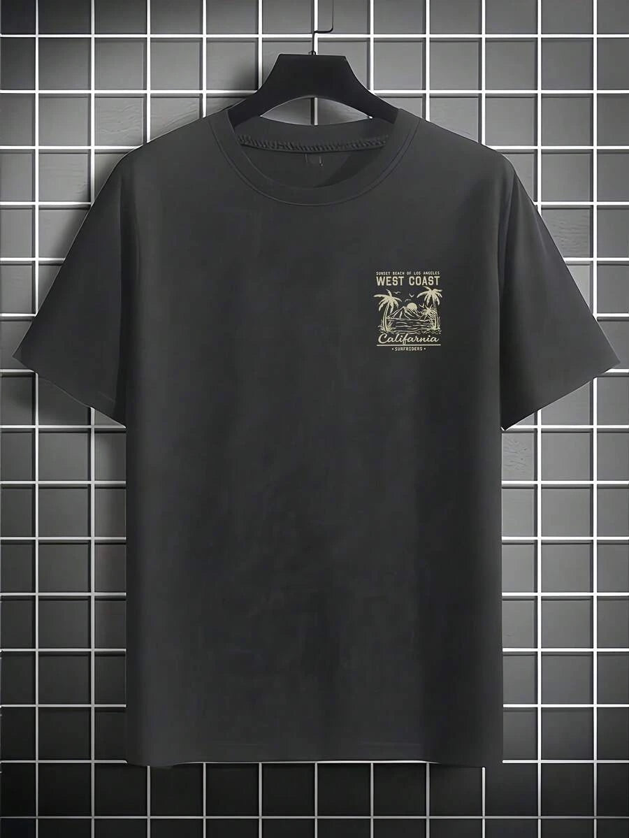 Camiseta Masculina Tropical Floral Vintage 100% Algodão California Beach Surf Manga Curta Casual com Gola Careca Prai Verão Final de Ano