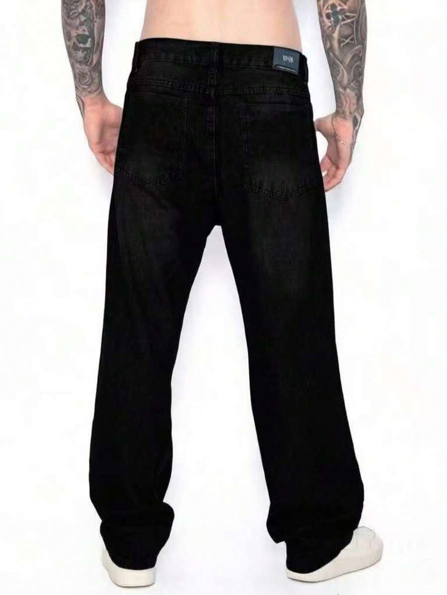 29 Calça Denim Preta Casual de Perna Larga e Solta com Bolsos Estilo Urbano para Homens, Adequada como Presente para Marido, Namorado