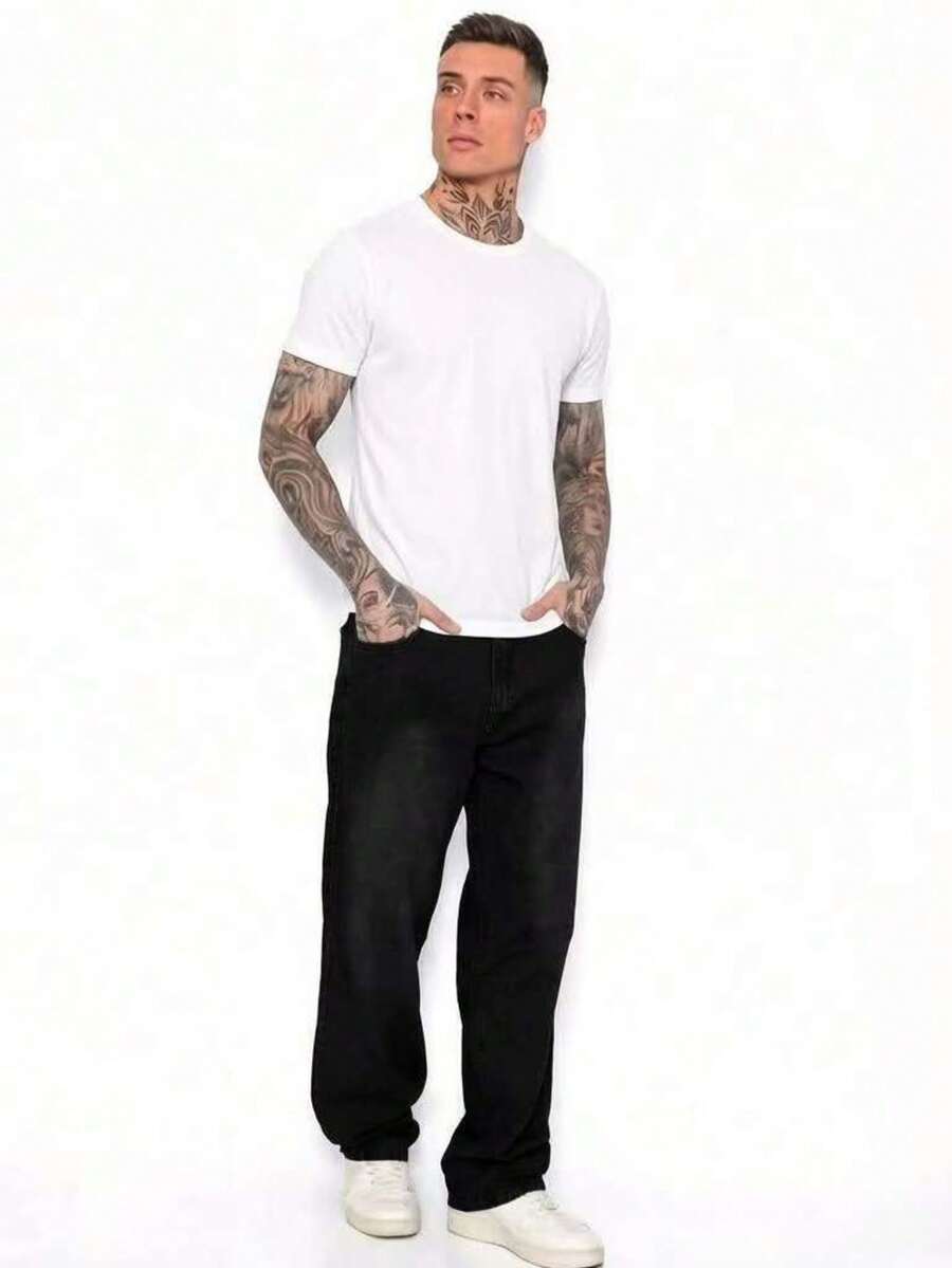 29 Calça Denim Preta Casual de Perna Larga e Solta com Bolsos Estilo Urbano para Homens, Adequada como Presente para Marido, Namorado