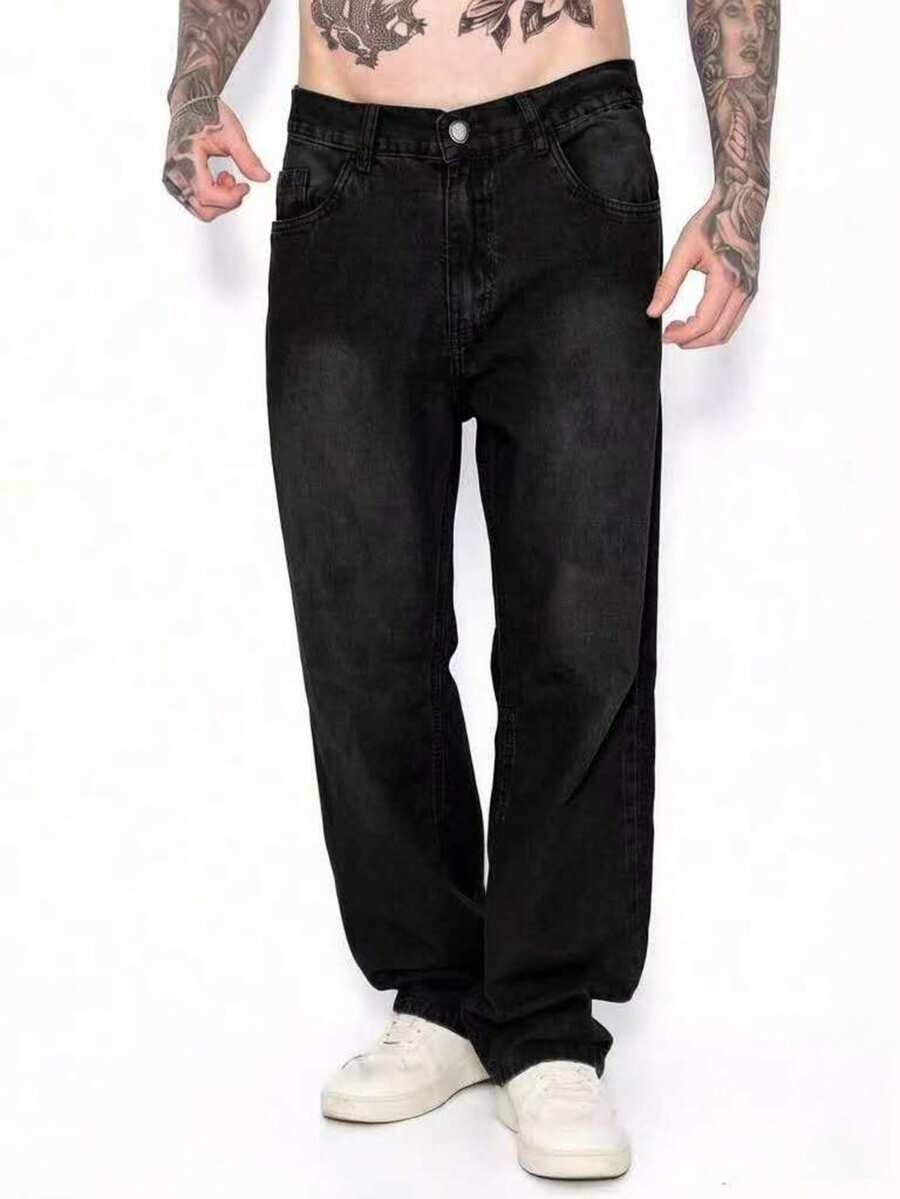 29 Calça Denim Preta Casual de Perna Larga e Solta com Bolsos Estilo Urbano para Homens, Adequada como Presente para Marido, Namorado